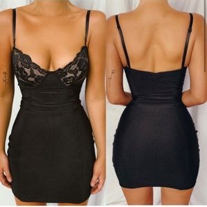 tigermist- black lace detail deep v spaghetti strap ribbed mini dress